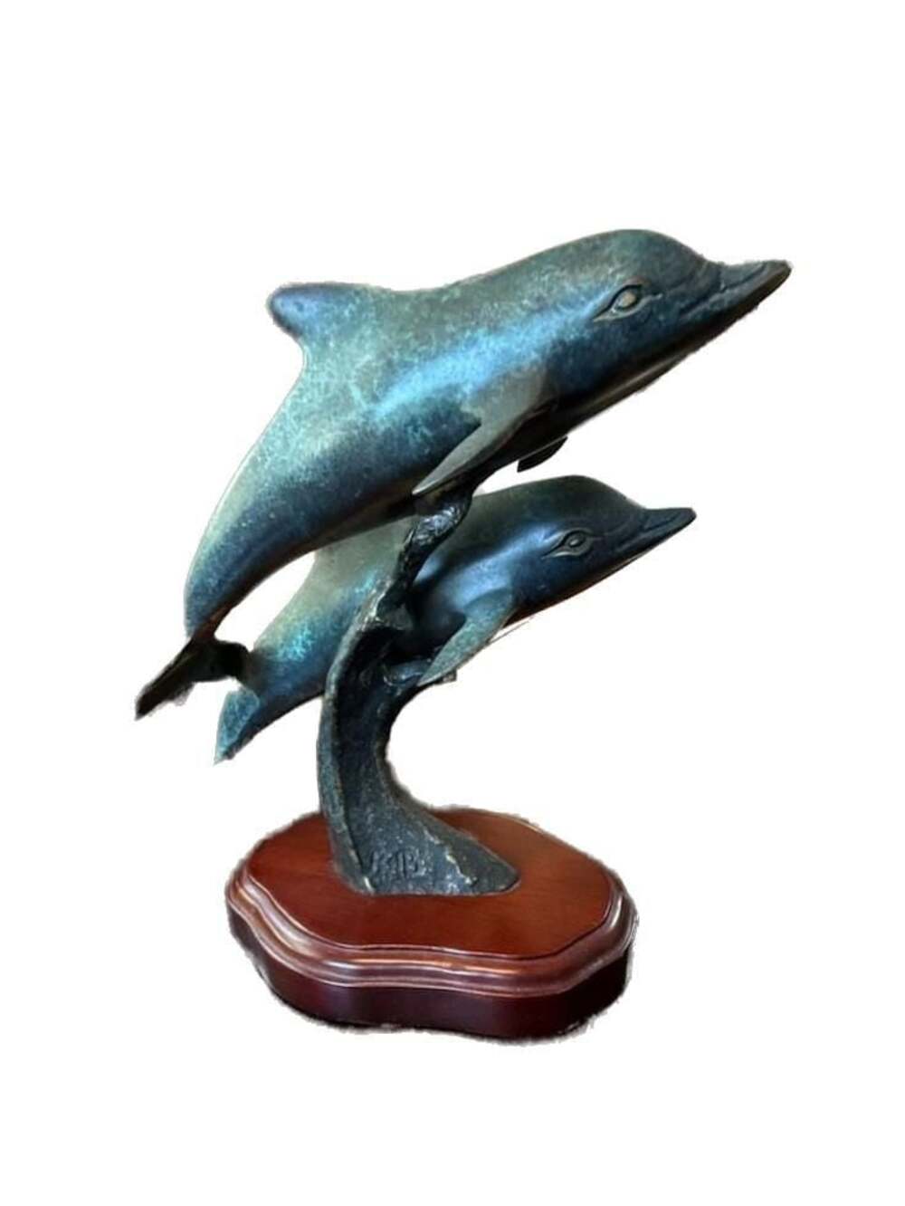 Vintage Patinated Bronze Dual Dolphin Sculpture on Wooden Base Signed TSCO